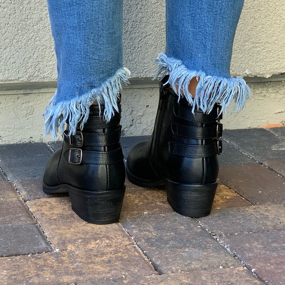 Black Leather Distressed Triple Buckle Ankle Boots - Picture 6 of 8
